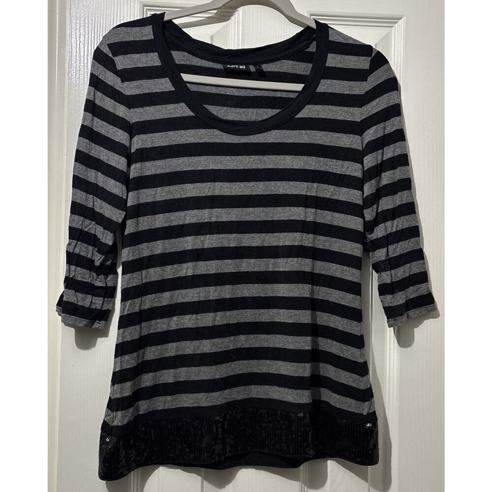 Apt 9 Gray and Black Striped Sequin Shirt Top Size Small 3/4th Length Sleeves